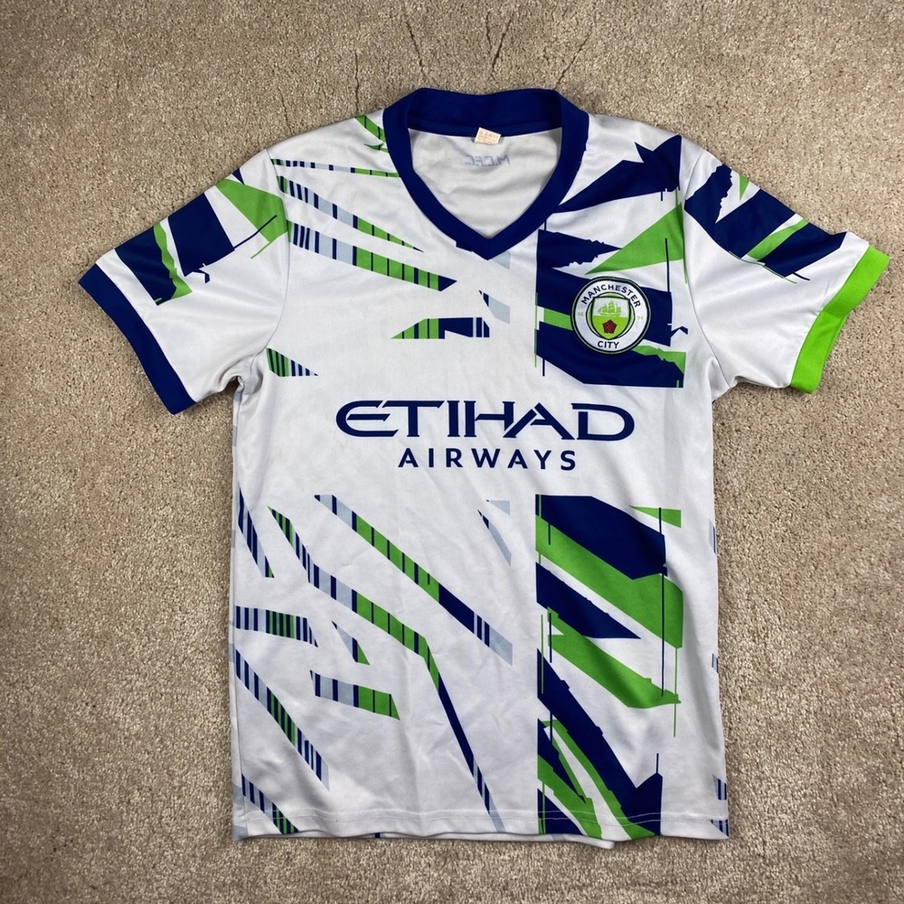 Manchester City FC Soccer Jersey Ronnie White Blue Green Small Etihad Airways